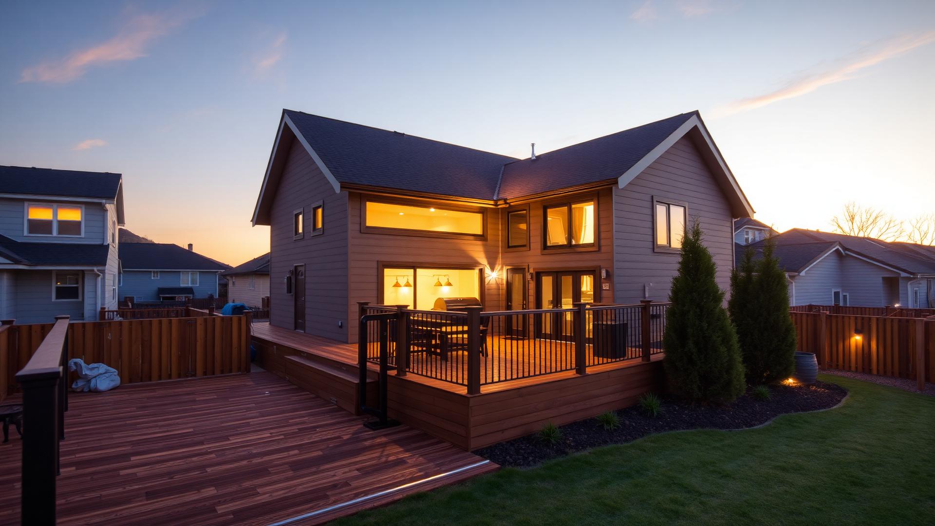 Newly built deck and renovated home exterior at golden hour in Mooresville, NC